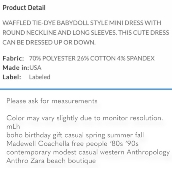 Waffled Tie Dye Mini Dress, Long Sleeve! Made in the USA!! Very Cute! Size-Small - Picture 14 of 16